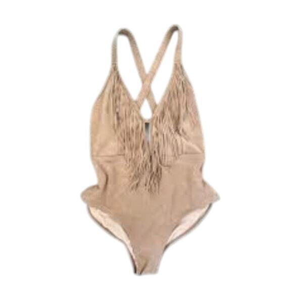 nique Vintage Women’s Fringe Western Life of the Party Suede Swimsuit Sz 1X #69 - Picture 2 of 6